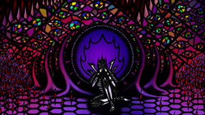 An armored paladin of the Astral Lords kneels in a cathedral, clutching his skull with instability. A wall of stained glass stands behind him, depicting a flood of peering eyes and grinning teeth.