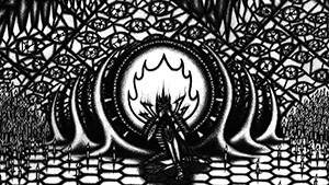 An armored paladin of the Astral Lords kneels in a cathedral, clutching his skull with instability. A wall of stained glass stands behind him, depicting a flood of peering eyes and grinning teeth.