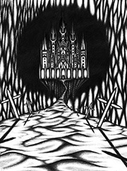 A desert of ash and empty crosses leads to the looming city of Dis, an abandoned darkling stronghold. A black wound in reality bleeds through the broken sky behind it.