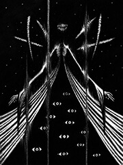 With arms outstretched, the eldritch god known as the Lord in White unfurls its cloak, revealing a multitude of eyes set upon an infinite darkness. Insectile limbs loom overhead, with its gore-slicked teeth clenched and disembodied upon the void.