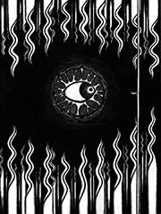 The empty city of Carcosa is mirrored upon the earth and sky, stone spires wavering through the blackness. A lone figure crosses a bridge between the two halves, walking up into the heavens, while a disembodied eye watches in silence.