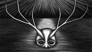 An antlered man is partly submerged beneath the waves of a limitless ocean, his mouth obscured within the depths as his black eyes watch intently. Behind him, a crescent moon glows upon the night sky.