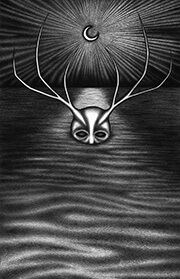 An antlered man is partly submerged beneath the waves of a limitless ocean, his mouth obscured within the depths as his black eyes watch intently. Behind him, a crescent moon glows upon the night sky.
