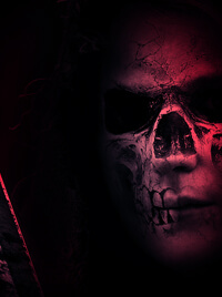 A hooded man with a sword. A skull is painted over his face.