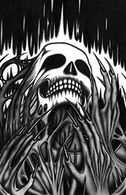 A skull surrounded by hands that are melting into the bone.