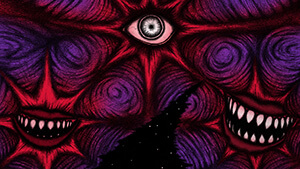 A lone figure stands upon an endless desert, their cloak blowing back in the wind. In the sky above, violet clouds swirl chaotically around three crimson stars, their texture so otherworldly that it almost appears organic. Within the highest star, a lone eye gazes intently, while inside the lower two, horrific mouths grin with a sadistic amusement. Betwixt them, the sky rips open into a black void, and within that void, an indistinct shape looms in the distance: a monolithic tower, or a road leading into the abyss.